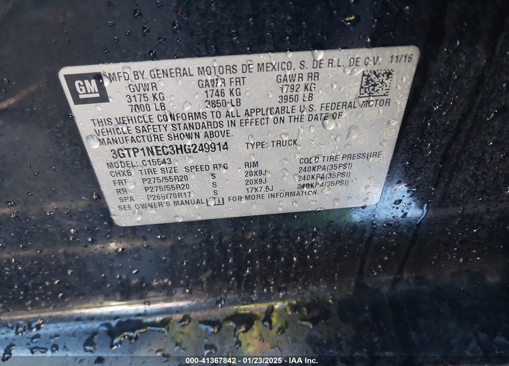 2017 GMC SIERRA 1500 SLT VIN: 3GTP1NEC3HG249914