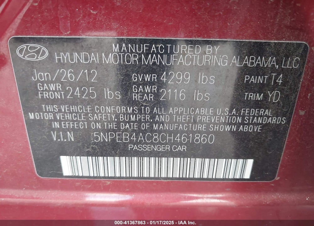 2012 HYUNDAI SONATA VIN: 5NPEB4AC8CH461860