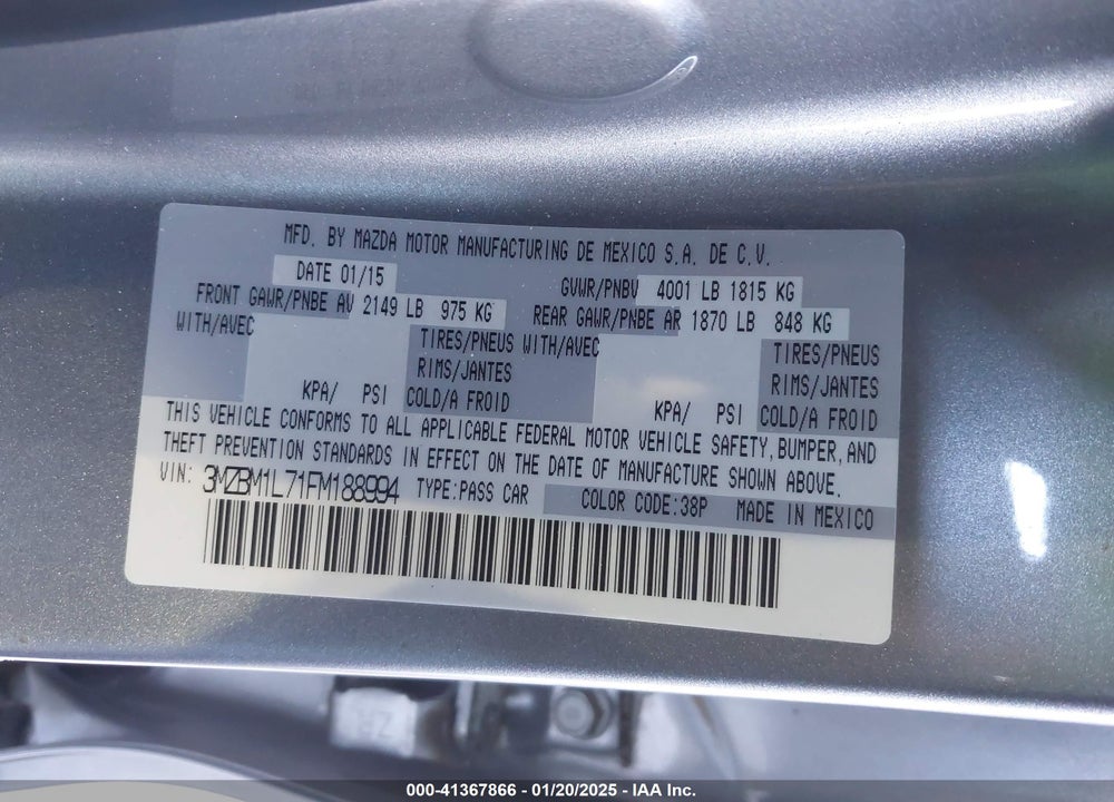 2015 MAZDA 3 VIN: 3MZBM1L71FM188994