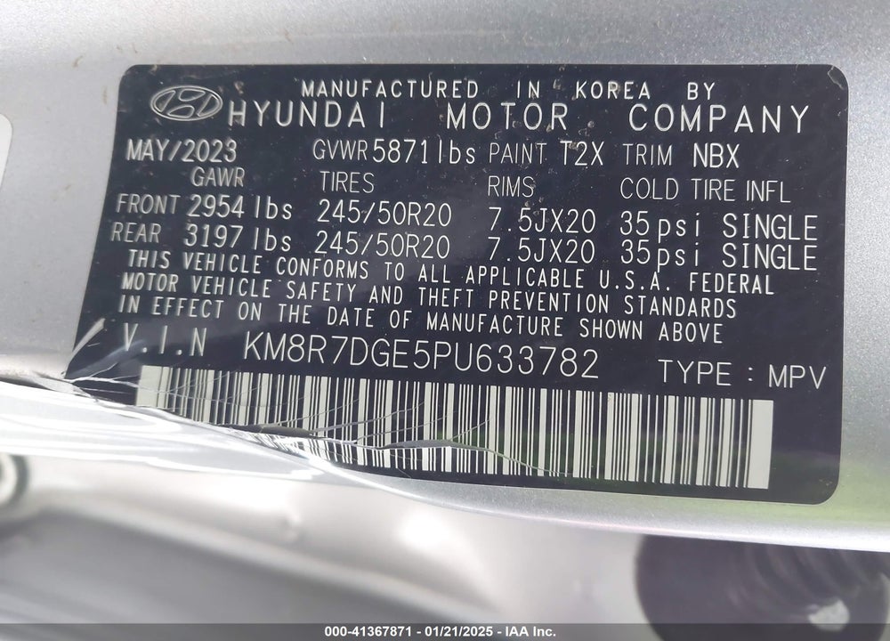 2023 HYUNDAI PALISADE VIN: KM8R7DGE5PU633782