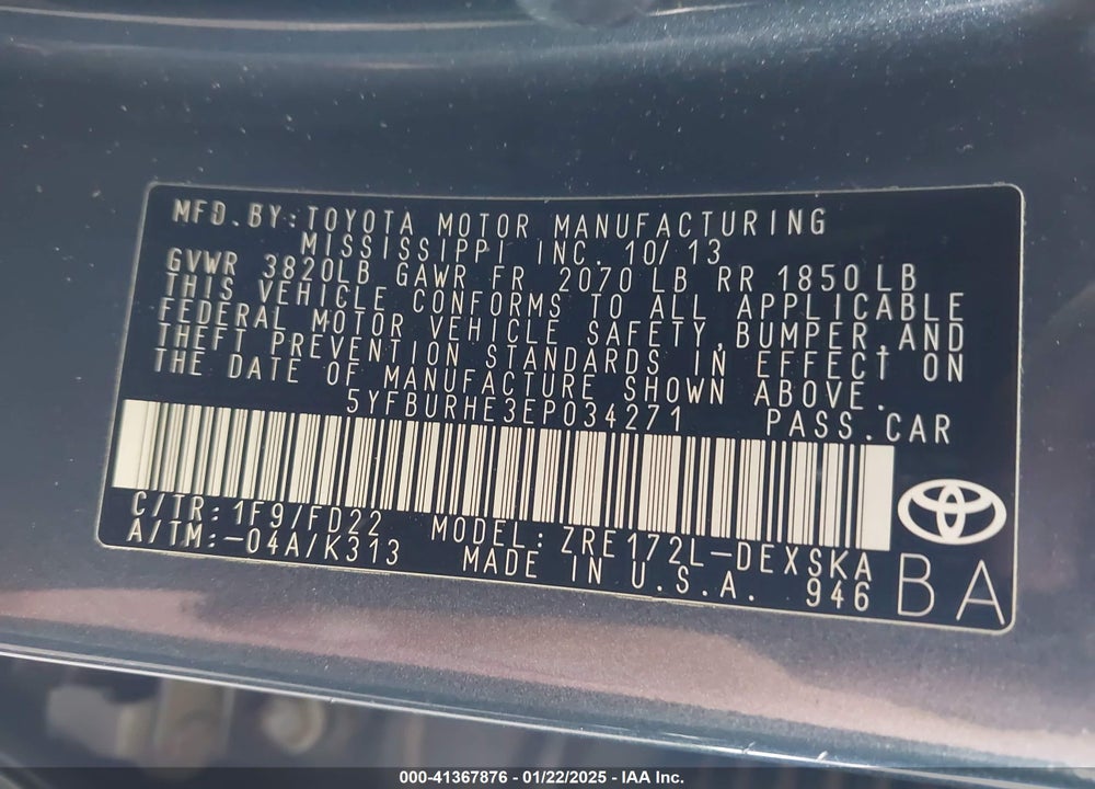 2014 TOYOTA COROLLA VIN: 5YFBURHE3EP034271