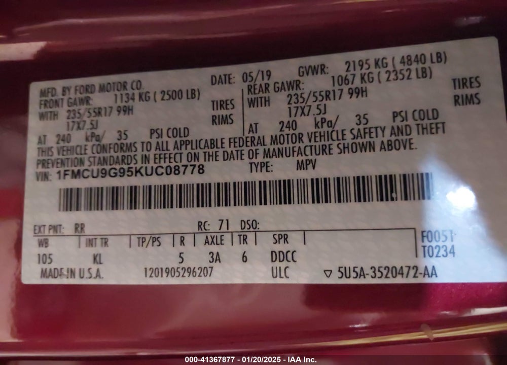 2019 FORD ESCAPE SE VIN: 1FMCU9G95KUC08778