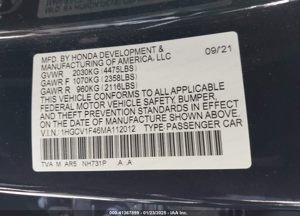 2021 HONDA ACCORD VIN: 1HGCV1F46MA112012