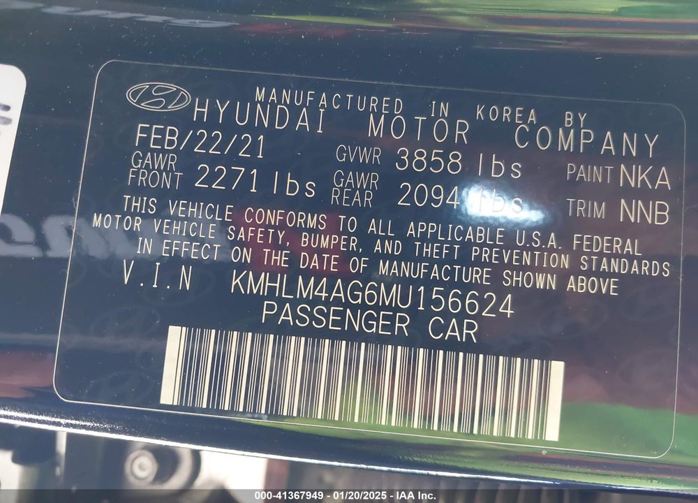 2021 HYUNDAI ELANTRA SEL VIN: KMHLM4AG6MU156624