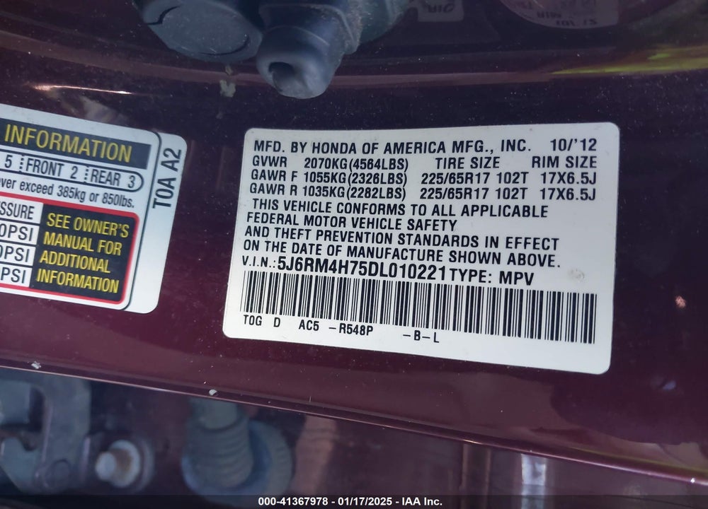 2013 HONDA CR-V EX-L VIN: 5J6RM4H75DL010221