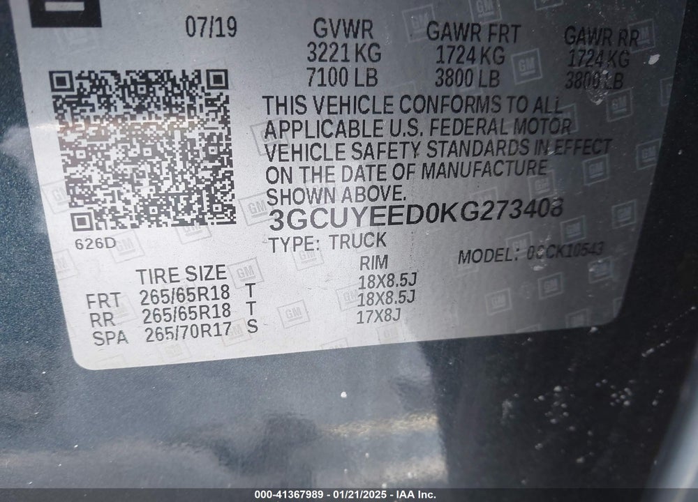 2019 CHEVROLET SILVERADO VIN: 3GCUYEED0KG273408