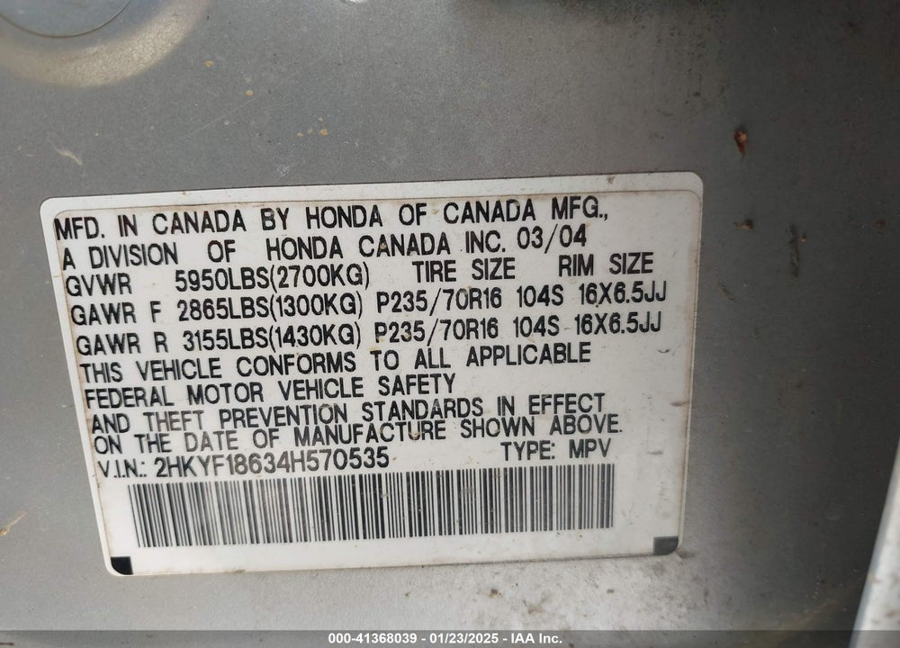 2004 HONDA PILOT EX-L VIN: 2HKYF18634H570535