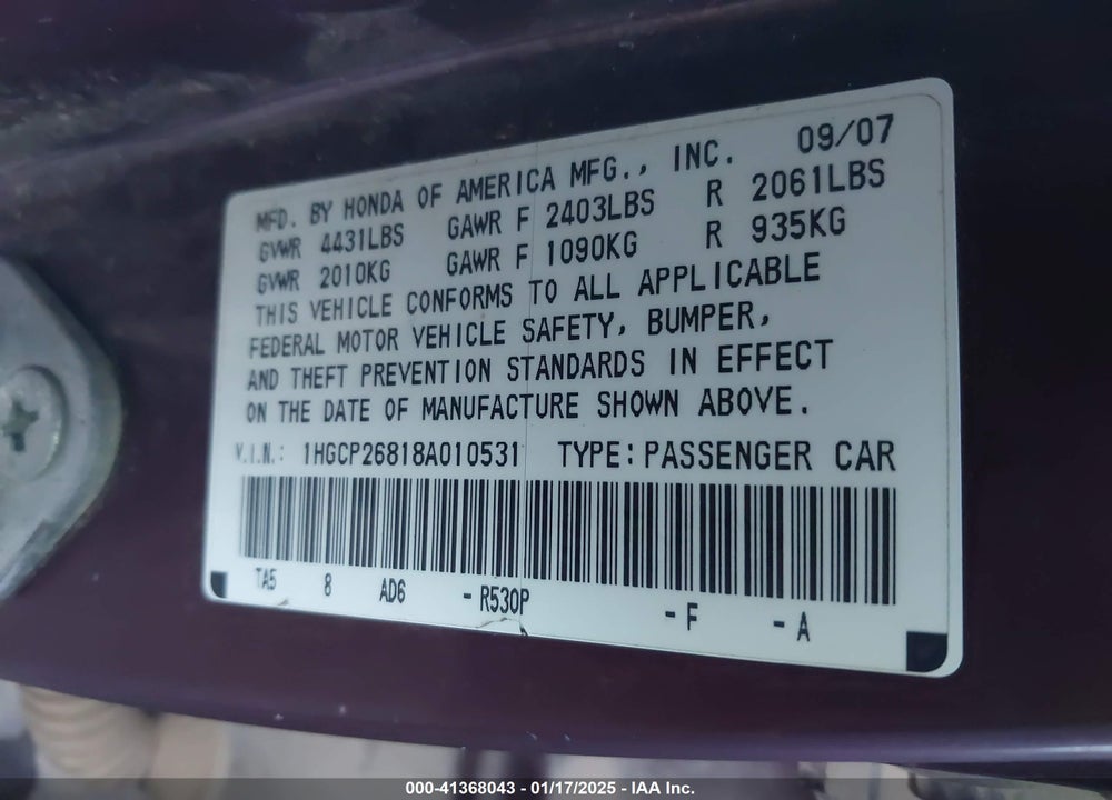 2008 HONDA ACCORD VIN: 1HGCP26818A010531
