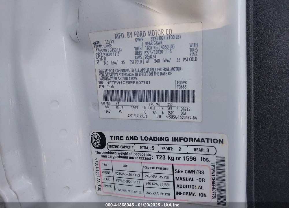 2014 FORD F-150 VIN: 1FTFW1CF6EFA07781