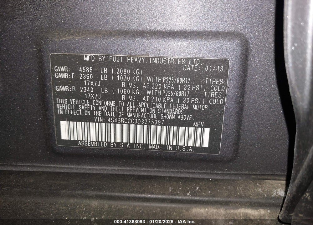 2013 SUBARU OUTBACK 2.5I PREMIUM VIN: 4S4BRCCC3D3275397