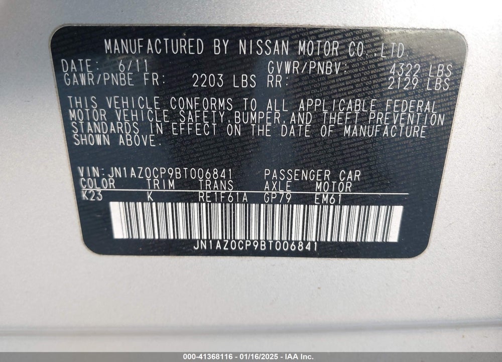 2011 NISSAN LEAF SL VIN: JN1AZ0CP9BT006841