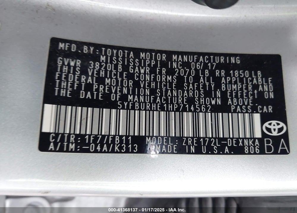 2017 TOYOTA COROLLA LE VIN: 5YFBURHE1HP714562