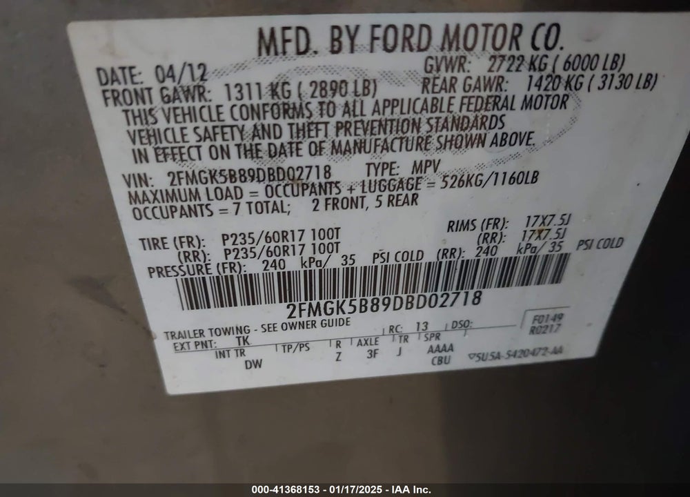 2013 FORD FLEX SE VIN: 2FMGK5B89DBD02718