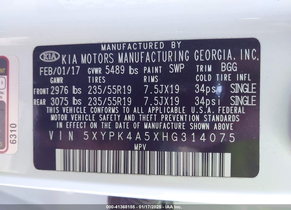 2017 KIA SORENTO 3.3L SX VIN: 5XYPK4A5XHG314075