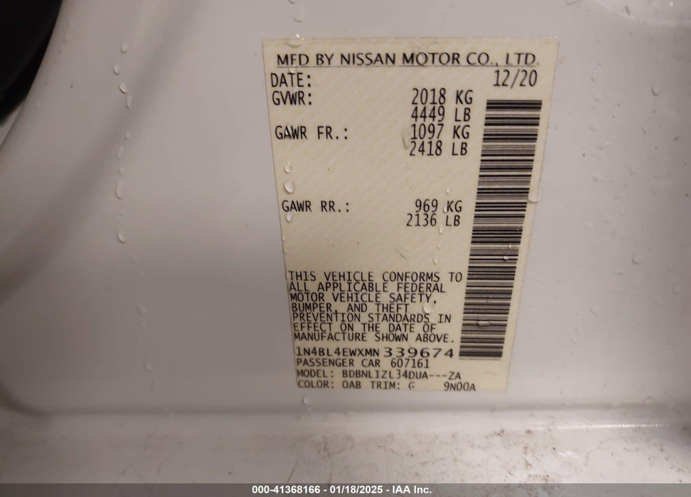 2021 NISSAN ALTIMA VIN: 1N4BL4EWXMN339674