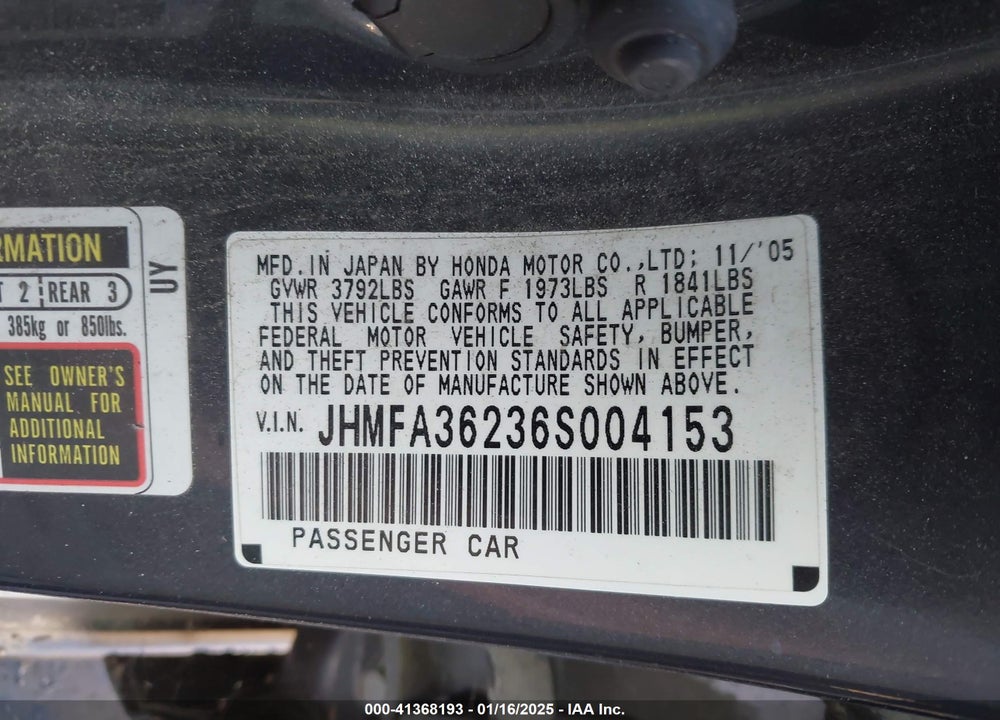 2006 HONDA CIVIC HYBRID VIN: JHMFA36236S004153
