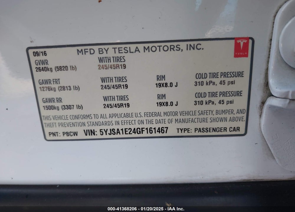 2016 TESLA MODEL S 60D/70D/75D/85D/90D VIN: 5YJSA1E24GF161467