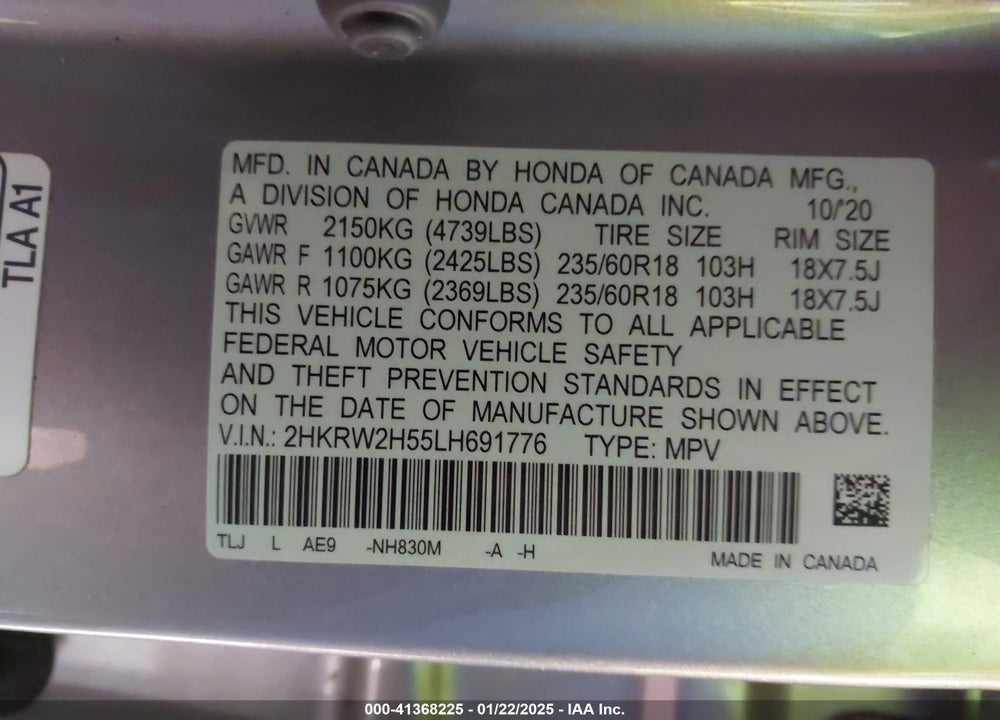 2020 HONDA CR-V AWD EX VIN: 2HKRW2H55LH691776