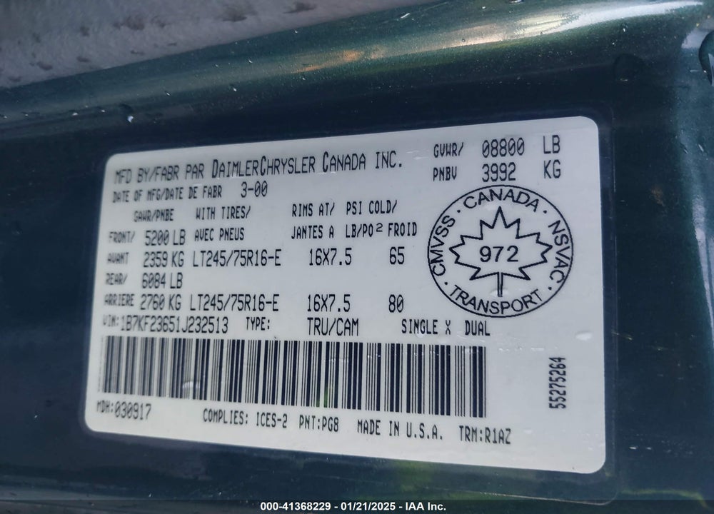2001 DODGE RAM 2500 ST VIN: 1B7KF23651J232513