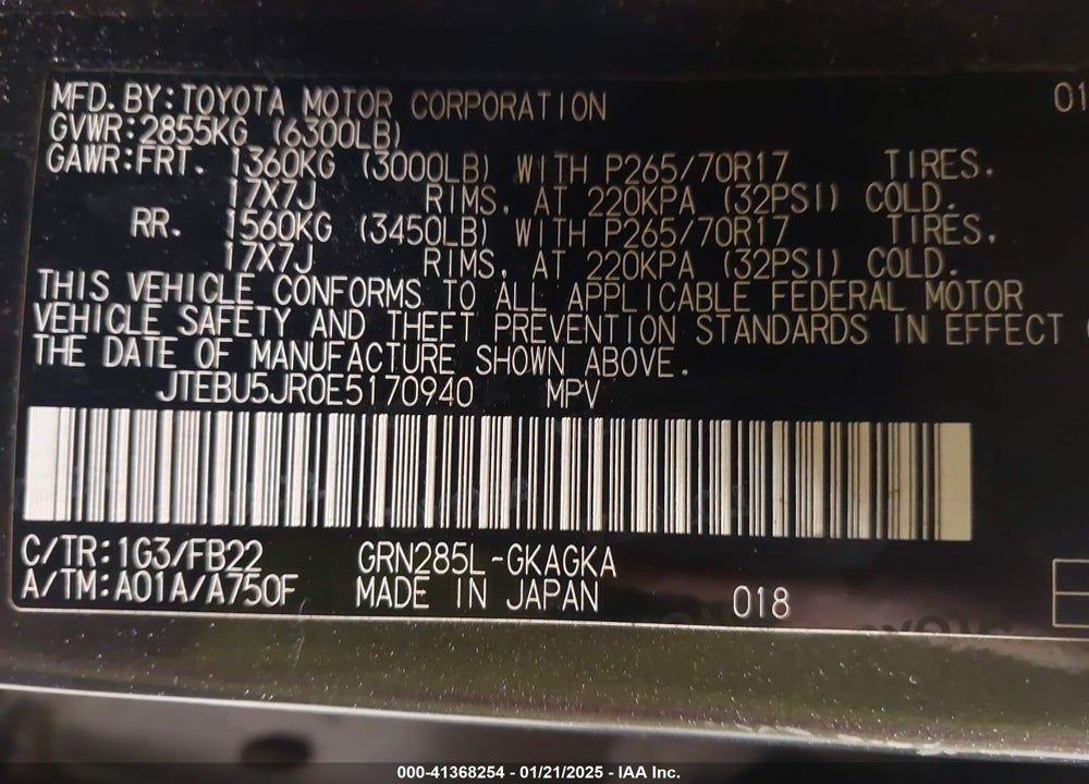 2014 TOYOTA 4RUNNER VIN: JTEBU5JR0E5170940