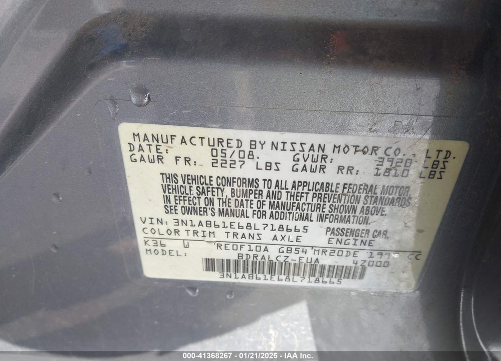 2008 NISSAN SENTRA 2.0 VIN: 3N1AB61E68L718665