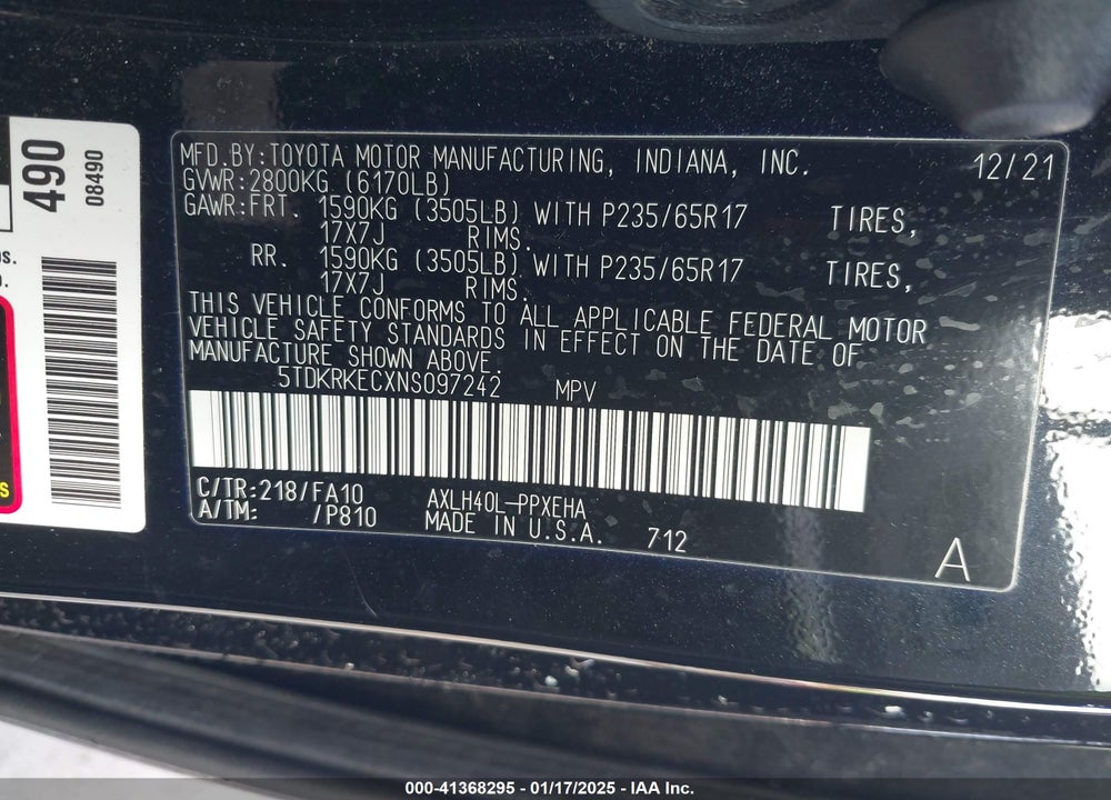 2022 TOYOTA SIENNA LE VIN: 5TDKRKECXNS097242