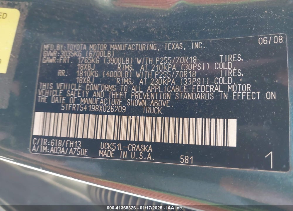 2008 TOYOTA TUNDRA BASE 4.7L V8 VIN: 5TFRT54198X026209