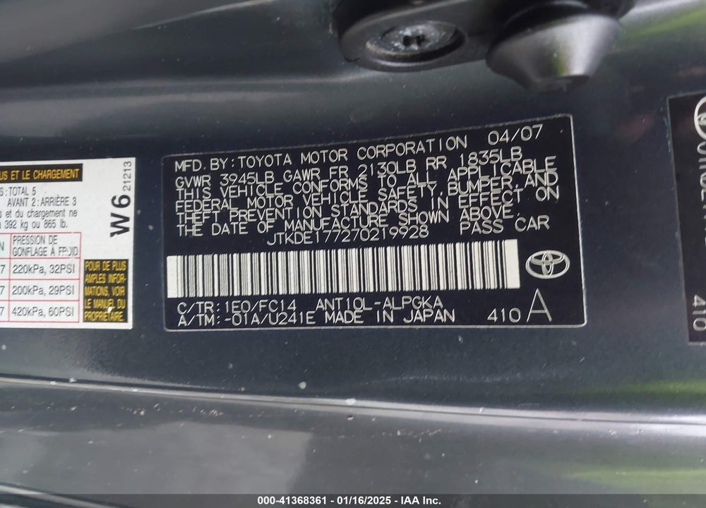 2007 SCION TC VIN: JTKDE177270219928