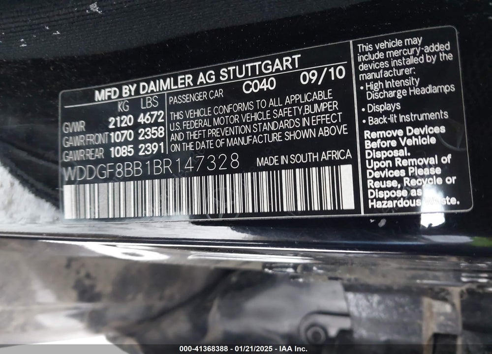 2011 MERCEDES-BENZ C CLASS VIN: WDDGF8BB1BR147328