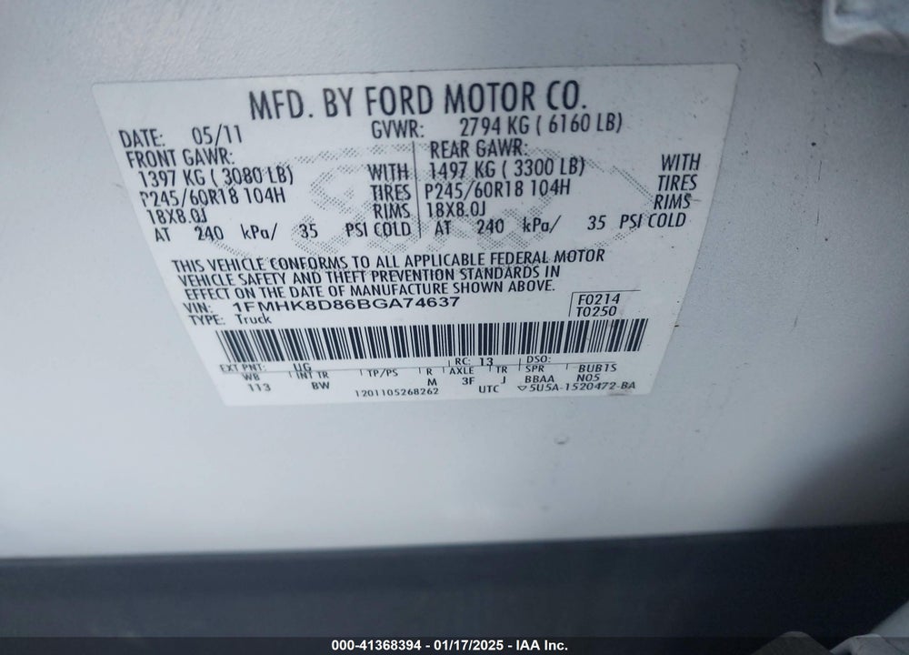 2011 FORD EXPLORER XLT VIN: 1FMHK8D86BGA74637
