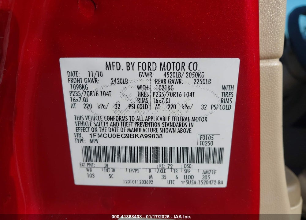 2011 FORD ESCAPE LIMITED VIN: 1FMCU0EG9BKA99038