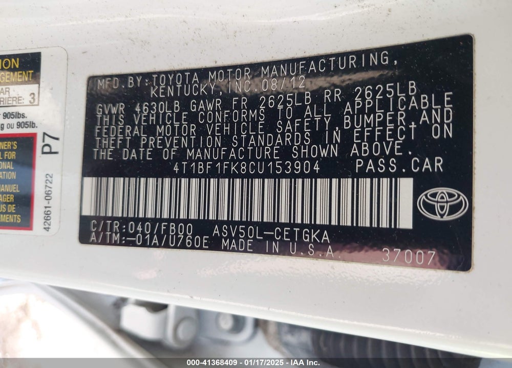 2012 TOYOTA CAMRY XLE VIN: 4T1BF1FK8CU153904