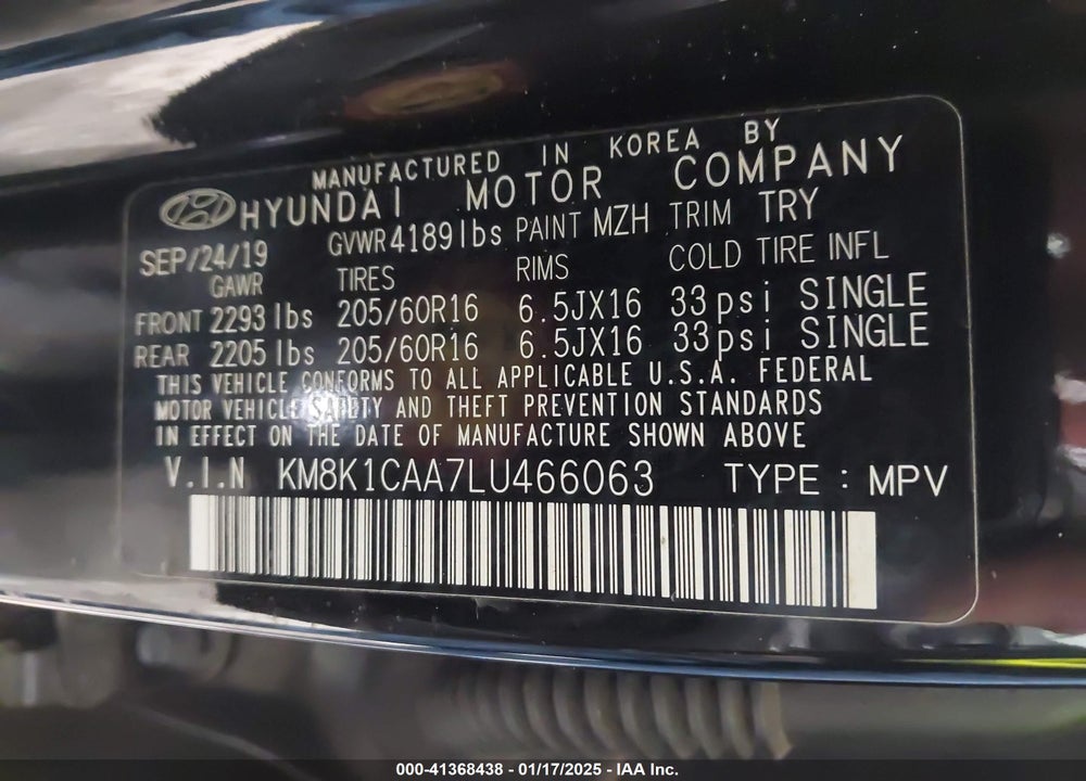 2020 HYUNDAI KONA SE VIN: KM8K1CAA7LU466063