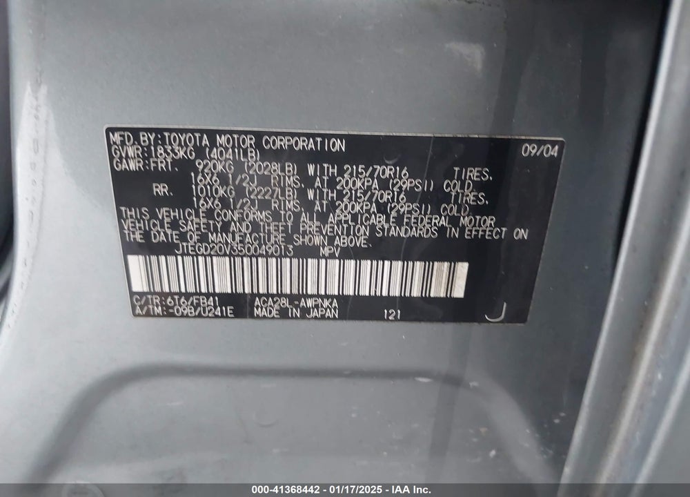2005 TOYOTA RAV4 VIN: JTEGD20V350049013