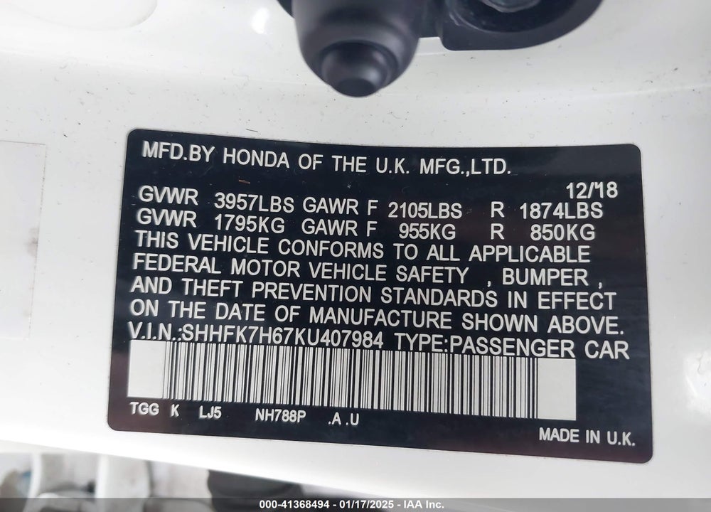 2019 HONDA CIVIC VIN: SHHFK7H67KU407984