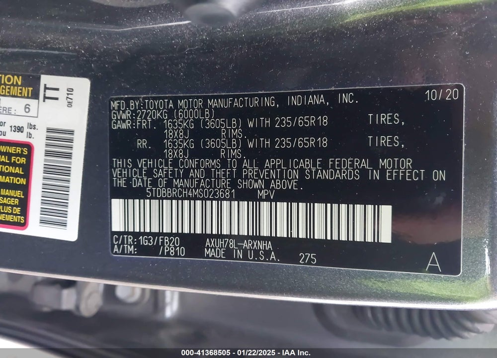 2021 TOYOTA HIGHLANDER VIN: 5TDBBRCH4MS023681