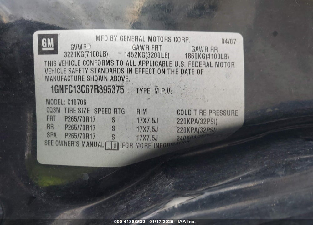 2007 CHEVROLET TAHOE LS VIN: 1GNFC13C67R395375