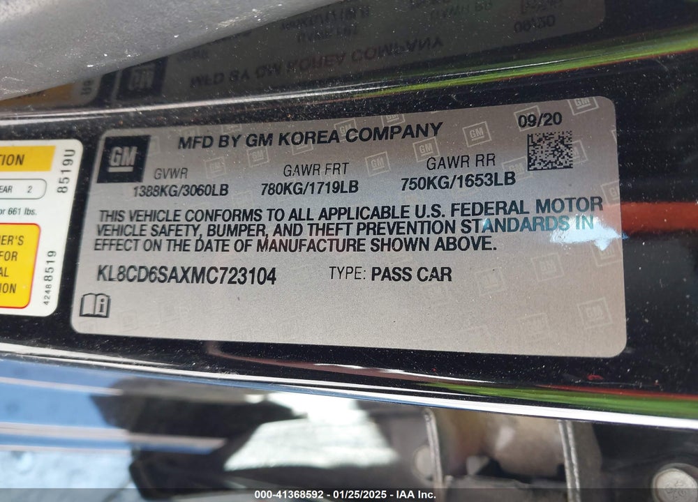 2021 CHEVROLET SPARK FWD 1LT AUTOMATIC VIN: KL8CD6SAXMC723104