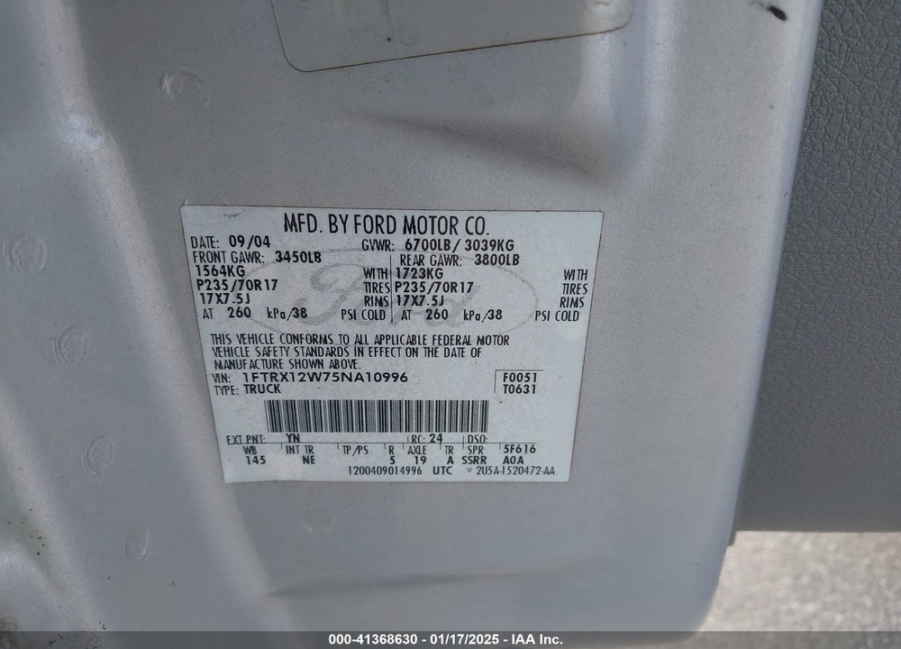 2005 FORD F-150 STX/XL/XLT VIN: 1FTRX12W75NA10996
