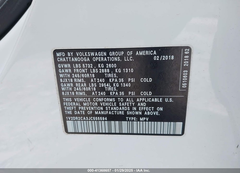 2018 VOLKSWAGEN ATLAS 3.6L V6 SE/3.6L V6 SE W/TECHNOLOGY VIN: 1V2DR2CA3JC555594