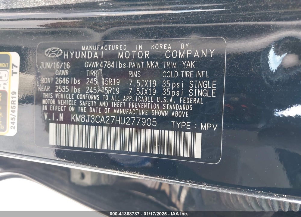 2017 HYUNDAI TUCSON VIN: KM8J3CA27HU277905