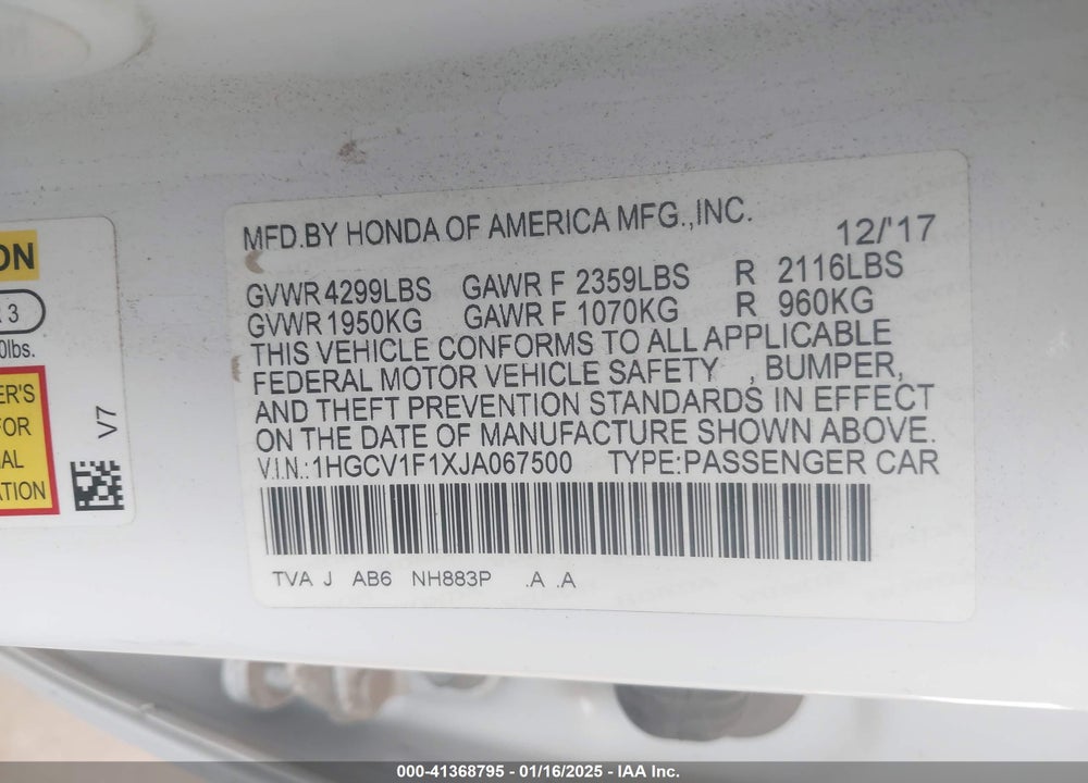 2018 HONDA ACCORD LX VIN: 1HGCV1F1XJA067500