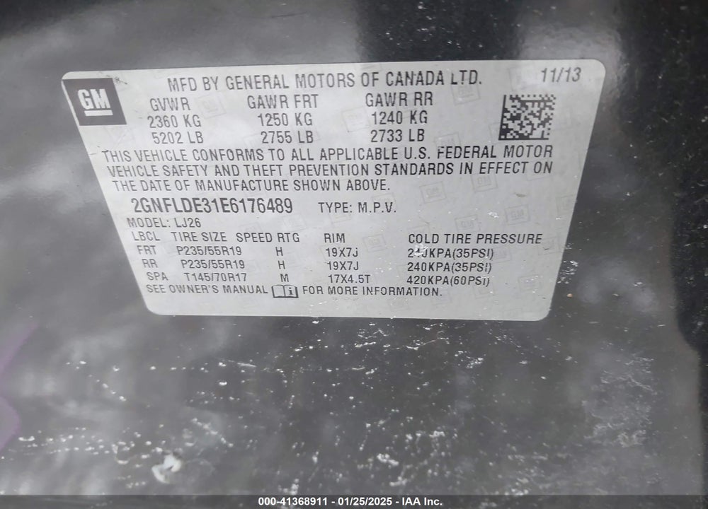 2014 CHEVROLET EQUINOX LTZ VIN: 2GNFLDE31E6176489