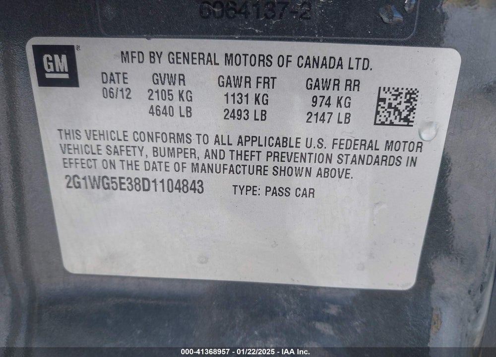 2013 CHEVROLET IMPALA VIN: 2G1WG5E38D1104843