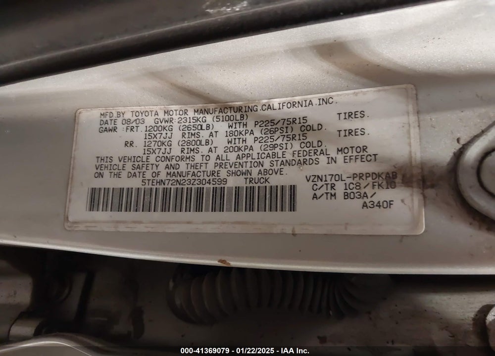 2003 TOYOTA TACOMA BASE V6 VIN: 5TEHN72N23Z304599