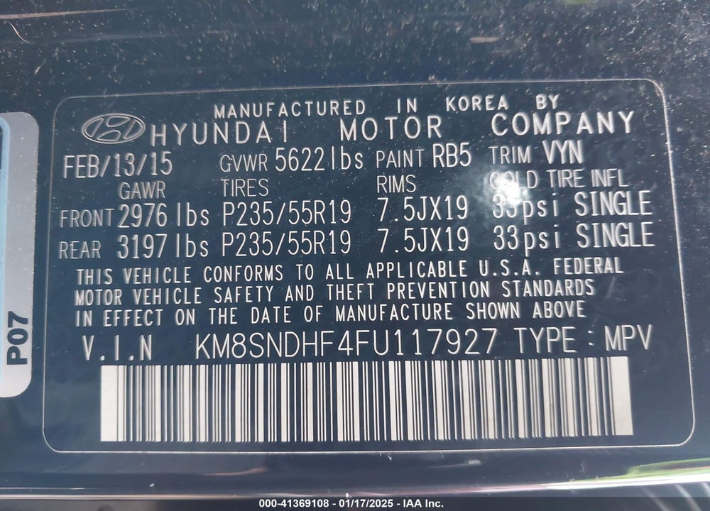 2015 HYUNDAI SANTA FE LIMITED VIN: KM8SNDHF4FU117927