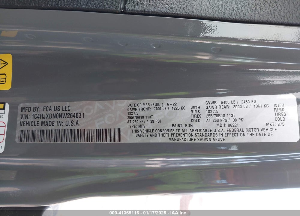 2022 JEEP WRANGLER UNLIMITED VIN: 1C4HJXDN0NW264631