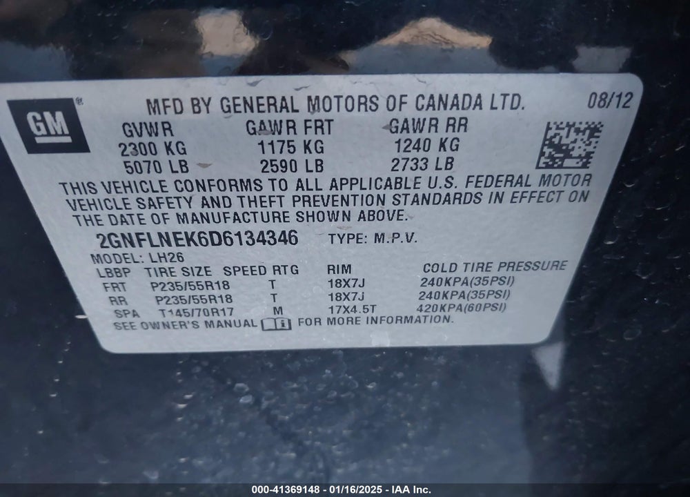2013 CHEVROLET EQUINOX 2LT VIN: 2GNFLNEK6D6134346