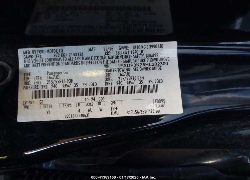 2017 FORD FOCUS VIN: 1FADP3K25HL202300