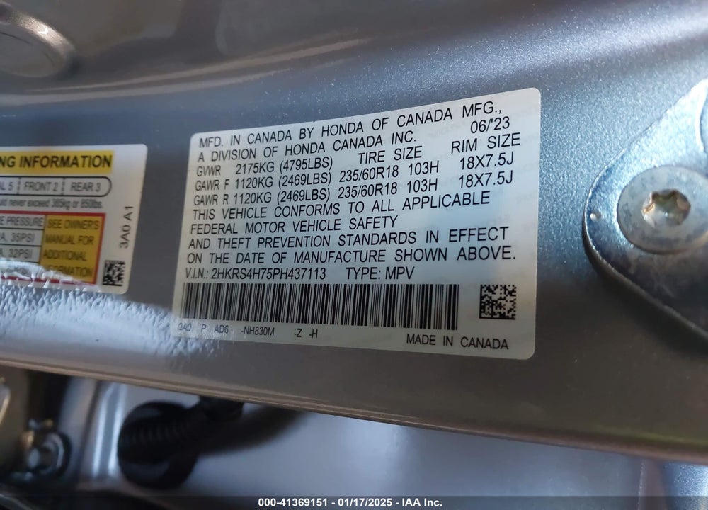 2023 HONDA CR-V EX-L AWD VIN: 2HKRS4H75PH437113
